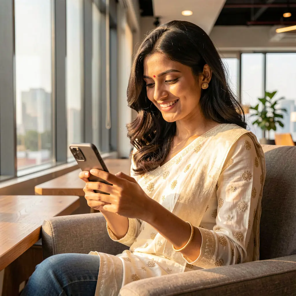 IS77 App – Play your favorite casino games anytime on mobile in India Happy Indian woman enjoying the IS77 casino app on her smartphone in a bright modern indoor setting