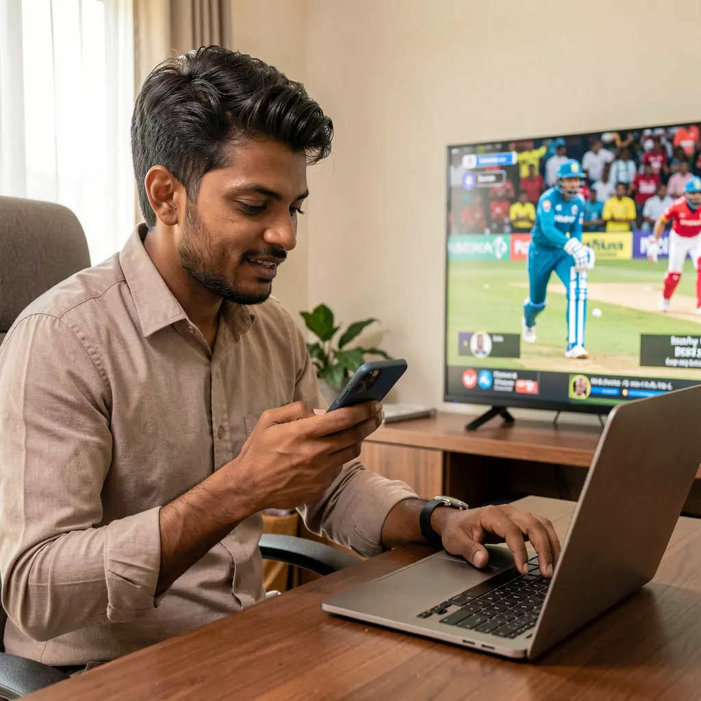 Focused Indian sports bettor analyzing live cricket odds on a laptop and smartphone while watching a match on TV using the IS77 betting platform