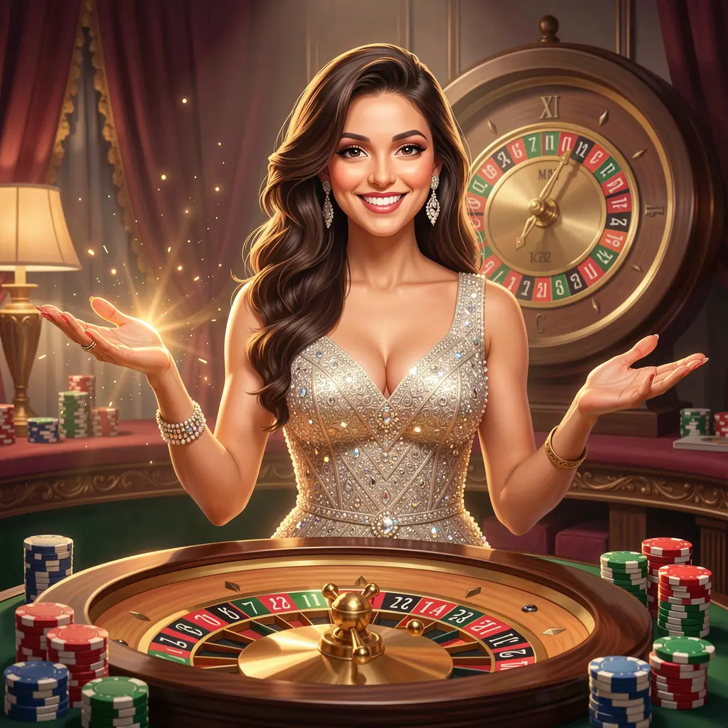 IS77 Login – Secure and fast access to your gaming account in India Elegant Indian casino hostess welcoming players to the IS77 login experience with a glowing roulette wheel and poker chips in the background
